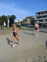 Debbie Tanner leads Anja Dittmer onto the beach